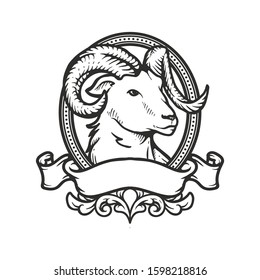 Vintage stylized face goat. Vector wild animal logo icon template. Artistic creative design.