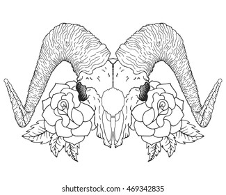 Vintage stylized goat skull. Black white hand drawn doodle. African, indian, totem, tribal, design. Sketch for adult antistress coloring page, tattoo, poster, t-shirt