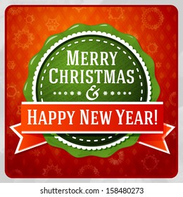 Vintage stylized green Merry Christmas and Happy New Year label, with red ribbon. On the bright red background with snowflakes. Vector.