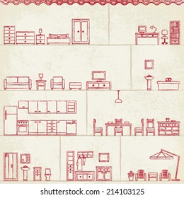 Vintage stylized hand drawn house interior
