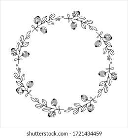Vintage stylized hand-drawn wreath. Black contour drawing of a round frame with decorative berries on a white background. Template for a greeting card or label with space for text. Vector illustration