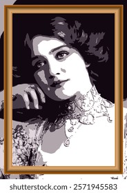 Vintage stylized portrait of a woman with an elegant hairstyle and lace collar, her hand gently supporting her chin, in an ornate golden frame