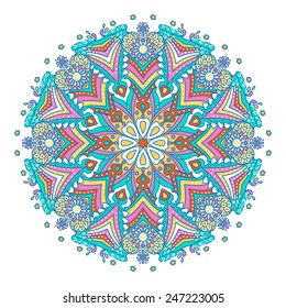 Vintage stylized round abstract ornament. Bright ethnic style design element. Can be used for cards, invitations, fabrics, wallpapers, scrap-booking, ornamental template for design and decoration.