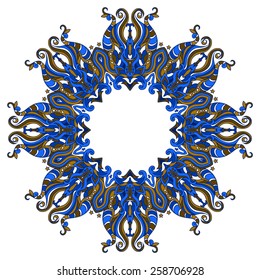 Vintage stylized round abstract ornament. Bright ethnic style design element. Can be used for cards, invitations, fabrics, wallpapers, scrap-booking, ornamental template for design and decoration.