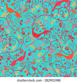 Vintage stylized  seamless floral pattern with fairy birds. Can be used for cards, invitations, fabrics, wallpapers, ornamental template for design and decoration, etc