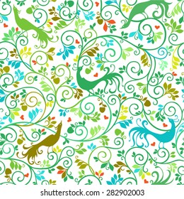 Vintage stylized  seamless floral pattern with fairy birds. Can be used for cards, invitations, fabrics, wallpapers, ornamental template for design and decoration, etc