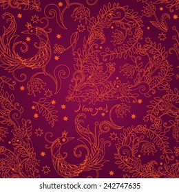 Vintage stylized  seamless pattern with fairy birds, floral hearts and flowers . Can be used for cards, invitations, fabrics, wallpapers, ornamental template for design and decoration, etc