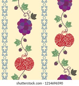 Vintage stylized vector apples, grapes and acorns seamless pattern background. Elegant fall fruit in vertical stripe design.  Ornamental folk art style. Hand drawn repeat for autumn, packaging