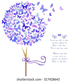 Vintage stylized vector tree of butterflies in violet blue hues. Template card design with space for text. Great for invitations, Valentine's Day decoration, cards and bag prints. Isolated on white