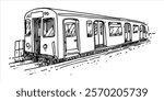 vintage subway train on tracks hand-drawn illustration