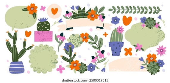 Vintage succulents and cactus flowers wreath, decorative flowerpots, wedding composition colorful graphic set. Floral botany bouquet design elements for holiday event decoration vector illustration