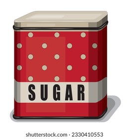 Vintage sugar can, polka dot red metal jar for sugar in retro style, isolated on white background, vector illustration, eps-10