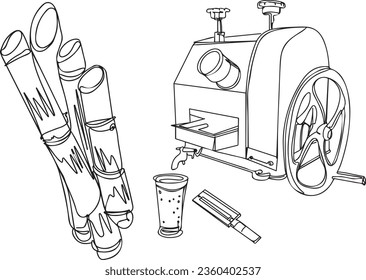 Vintage Sugar Cane Juice Machine - Hand-Drawn Clip Art, Old Retro Sugarcane Press - Cartoon Sketch Drawing, Antique Juice Extractor - Vector Clipart Illustration