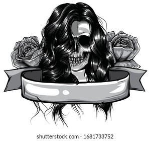 Vintage sugar skull girl with roses for Day of the Dead