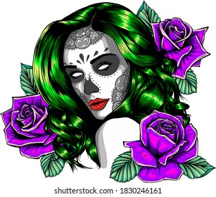 Vintage Sugar Skull Girl With Roses For Day Of The Dead