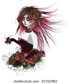 Vintage sugar skull girl with roses for Day of the Dead (Dia de los Muertos).