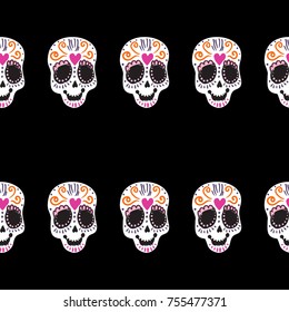Vintage sugar skull and peony embroidery seamless pattern. Bright traditional illustration on black background for fabric design in watercolor style.