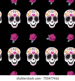 Vintage sugar skull and peony embroidery seamless pattern. Bright traditional illustration on black background for fabric design in watercolor style.