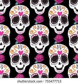 Vintage sugar skull and peony embroidery seamless pattern. Bright traditional illustration on black background for fabric design in watercolor style.