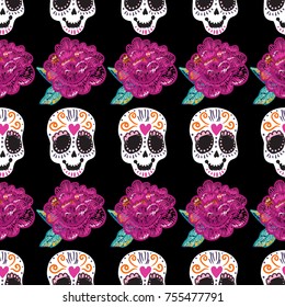 Vintage sugar skull and peony embroidery seamless pattern. Bright traditional illustration on black background for fabric design in watercolor style.