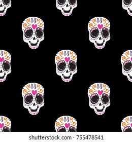 Vintage sugar skull seamless pattern. Bright traditional illustration on black background for fabric design in watercolor style.