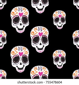 Vintage sugar skull seamless pattern. Bright traditional illustration on black background for fabric design in watercolor style.