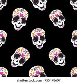 Vintage sugar skull seamless pattern. Bright traditional illustration on black background for fabric design in watercolor style.