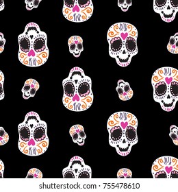 Vintage sugar skull seamless pattern. Bright traditional illustration on black background for fabric design in watercolor style.