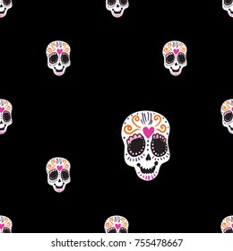 Vintage sugar skull seamless pattern. Bright traditional illustration on black background for fabric design in watercolor style.