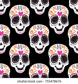 Vintage sugar skull seamless pattern. Bright traditional illustration on black background for fabric design in watercolor style.