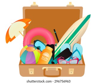 Vintage suitcase with beach accessories. Travel concept. Vector illustration