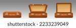 Vintage suitcase, briefcase for luggage in travel and trip. Empty open and closed retro valise from brown leather with handle and locks isolated on background, vector realistic illustration