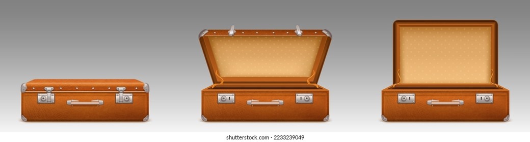 Vintage suitcase, briefcase for luggage in travel and trip. Empty open and closed retro valise from brown leather with handle and locks isolated on background, vector realistic illustration