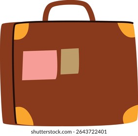 A vintage suitcase with corner accents and travel stickers in a flat style. The luggage features a handle and decorative patches on its surface. Cartoon vector illustration.