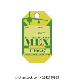 Vintage suitcase label or ticket design with Mexico for plane trips. Retro tag for luggage at airport flat vector illustration. Traveling concept