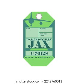 Vintage suitcase label or ticket design with Jacksonville for plane trips. Retro tag for luggage at airport flat vector illustration. Traveling concept