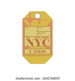 Vintage suitcase label or ticket design with New York for plane trips. Retro tag for luggage at airport flat vector illustration. Traveling concept