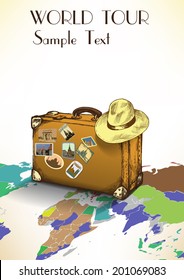 vintage suitcase with labels on the background of the world map.vector illustration
