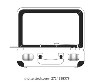 Vintage suitcase record player 2D line object. Open turntable. Music nostalgia. Portable audio decor. Analog style vinyl player isolated clipart vector ink outline item. Monochrome spot illustration