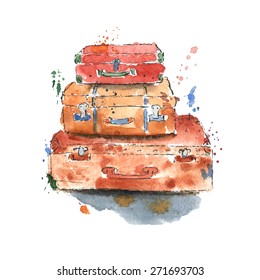 Vintage Suitcases Watercolor Illustration Vector Stock Vector (Royalty ...