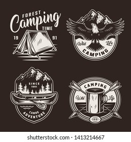 Vintage summer adventure badges with tent flying eagle mountains canoe paddle crossed arrows metal cup isolated vector illustration