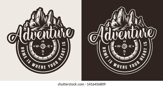 Vintage summer adventure round badge with navigational compass and mountains isolated vector illustration