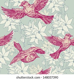 Vintage summer background, birds and flowers, fashion seamless pattern, colorful creative vector wallpaper, abstract wrapping, floral ornament, retro style swatch fabric, artistic decor

