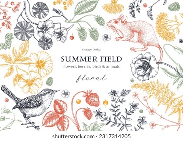 Vintage summer background. Floral banner design. Wildlife sketches in color. Wildflowers botanical illustration. Hand-drawn field flowers, birds, and animals. Wedding invitations, greeting cards.