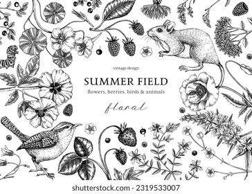 Vintage summer background. Floral frame design. Wildlife sketches. Wildflowers, meadows, herbs botanical illustration. Hand-drawn field flowers, birds, animals. Retro style invitation, frame, card.