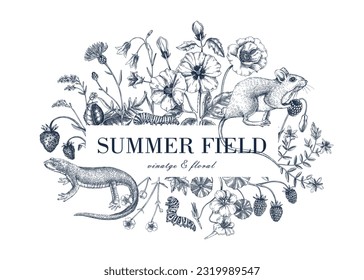 Vintage de verano. Diseño de marco floral. Esbozos de vida silvestre. Flores silvestres, prados, hierbas aromáticas, ilustración botánica. Flores de campo dibujadas a mano, pájaros, animales. Invitación, marco, tarjeta de estilo retro.