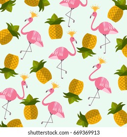 Vintage summer background pattern of flamingos with crowns and pineapples.Vector illustration for fabric, wallpaper, decor, web graphics and interior design.