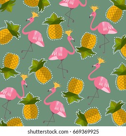 Vintage summer background pattern of flamingos with crowns and pineapples.Vector illustration for fabric, wallpaper, decor, web graphics and interior design.
