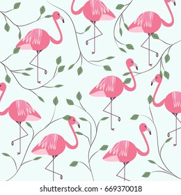 Vintage summer background pattern of flamingos and leaves. Floral vector illustration for fabric, wallpaper, decor, web graphics and interior design.