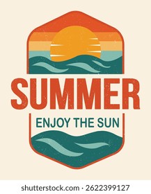 Vintage Summer Badge – Retro Sunset and Ocean Wave Emblem for Beach and Travel Vibes